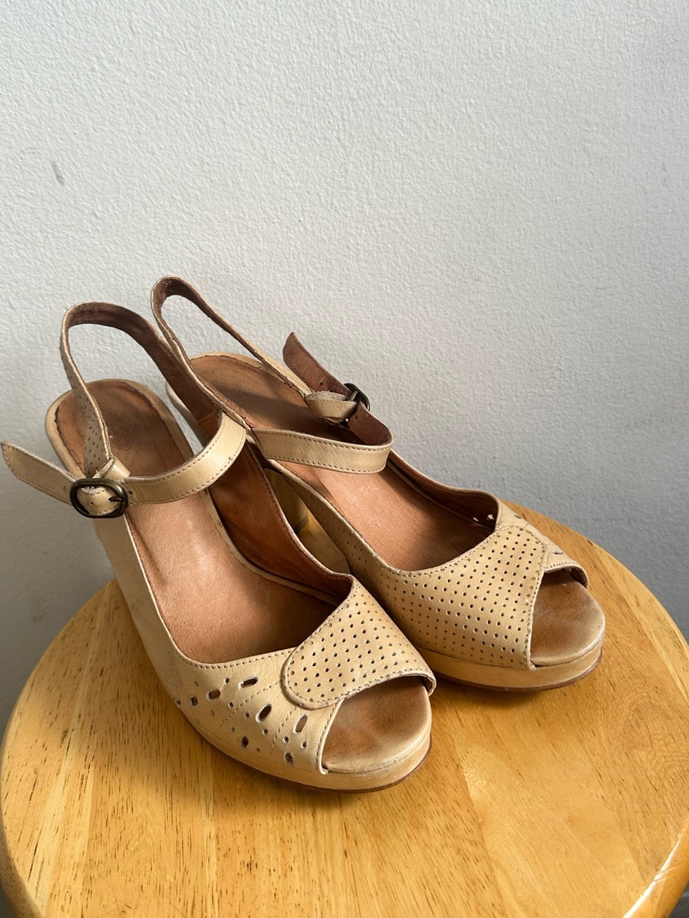 Jeffrey Campbell Tan leather peep toe platform heels with buckle strap